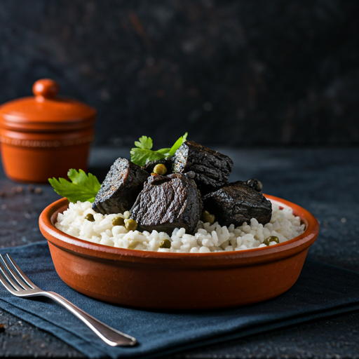 Arroz carolino de porco preto cozinhado no tacho de barro