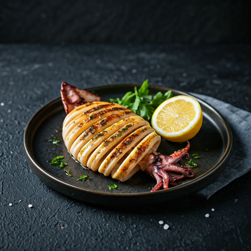 Lula gigante braseada na grelha de carvão